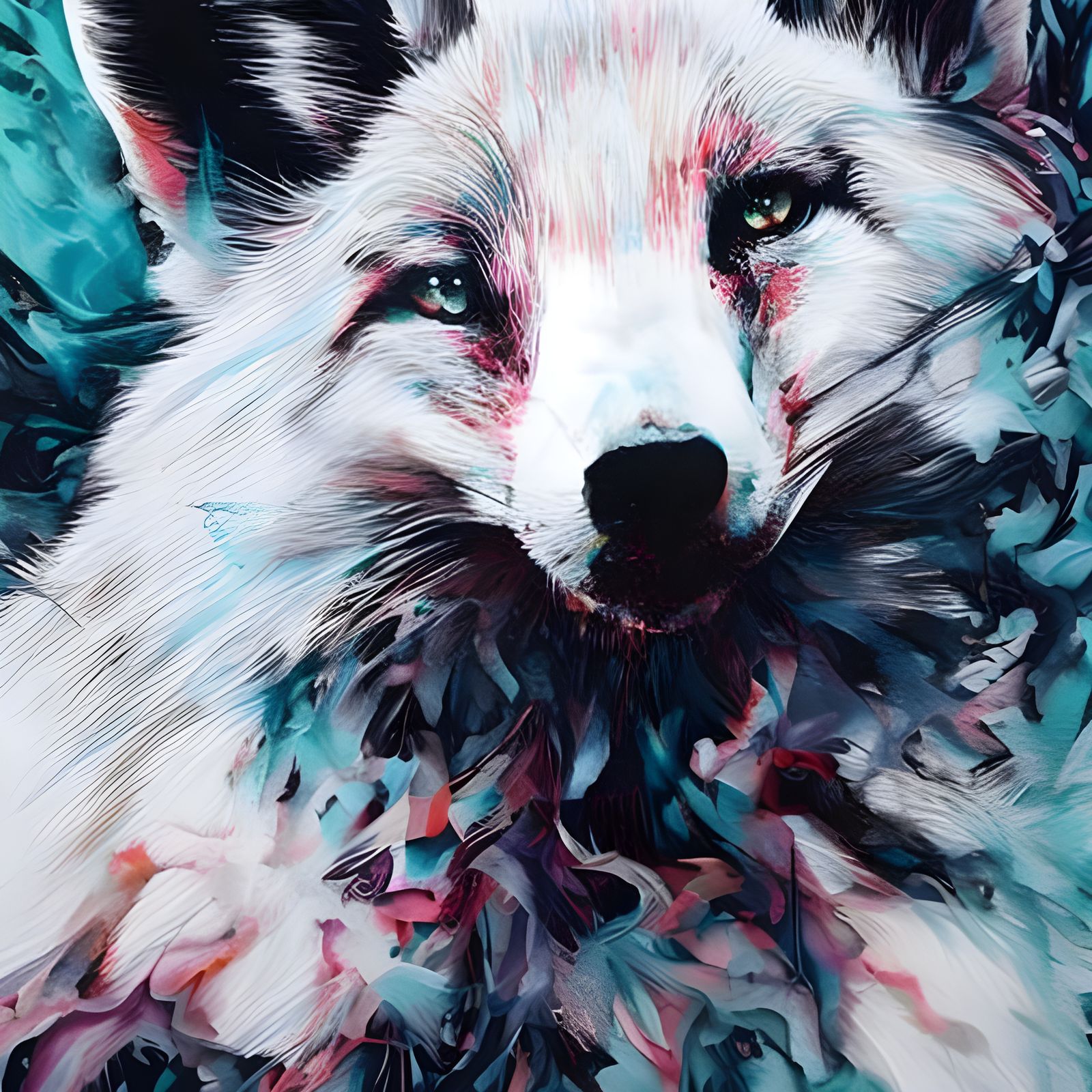 Adorable White Fox Portrait in Inkblot Style