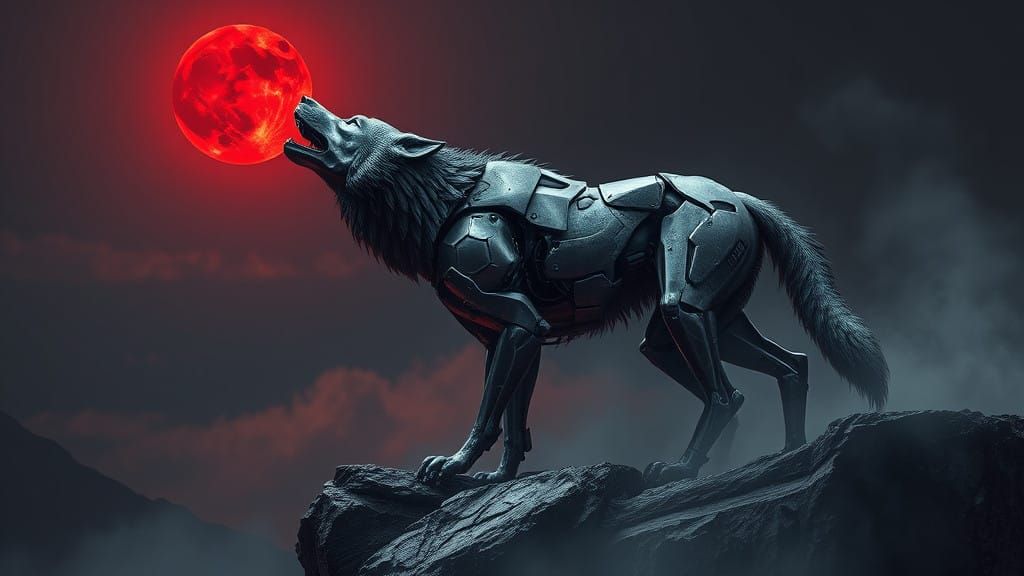 Cybernetic Wolf Under Blood-Red Moon, in Sci-Fi Hyperrealism