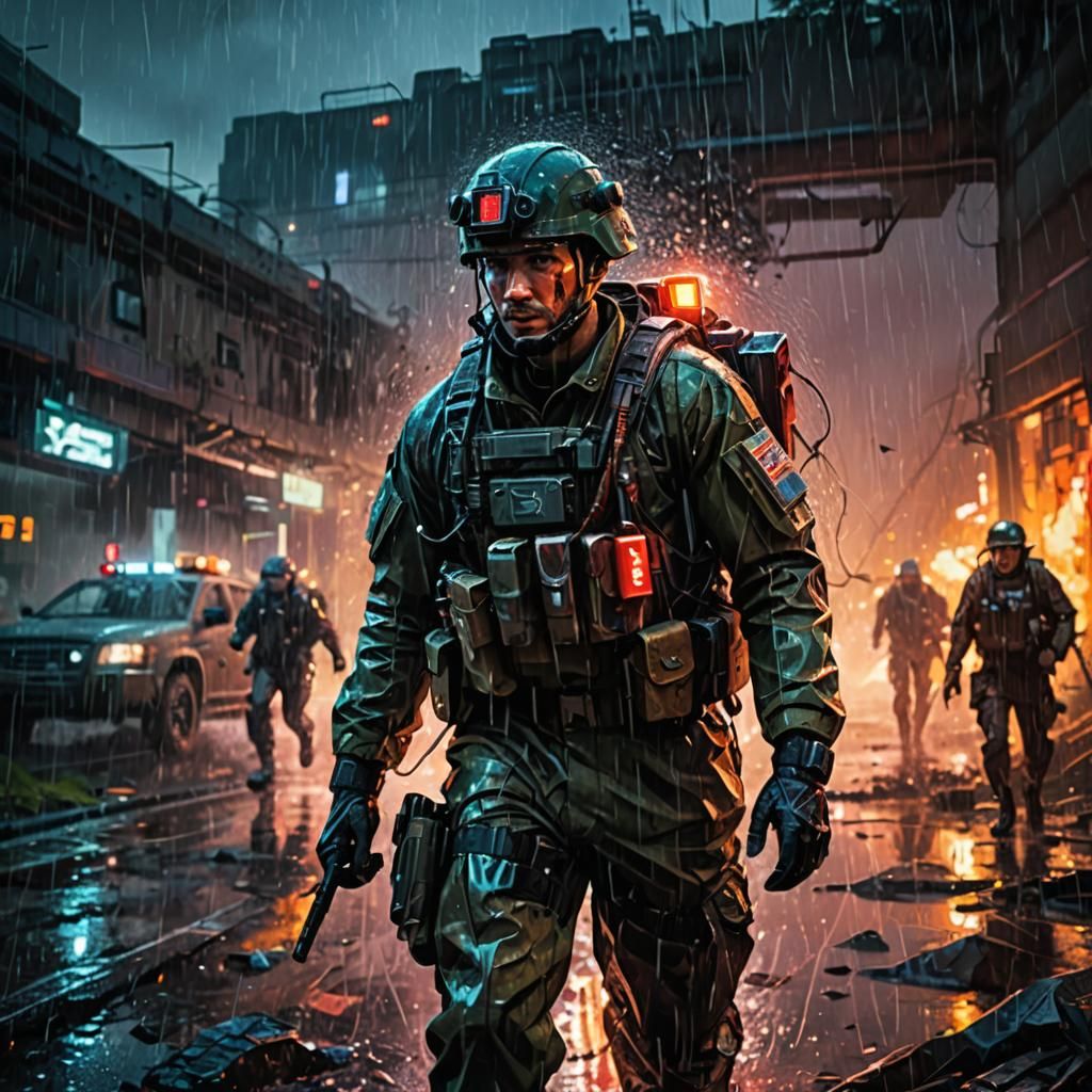 Sci-Fi Medic on Battlefield in Oil Painting Style