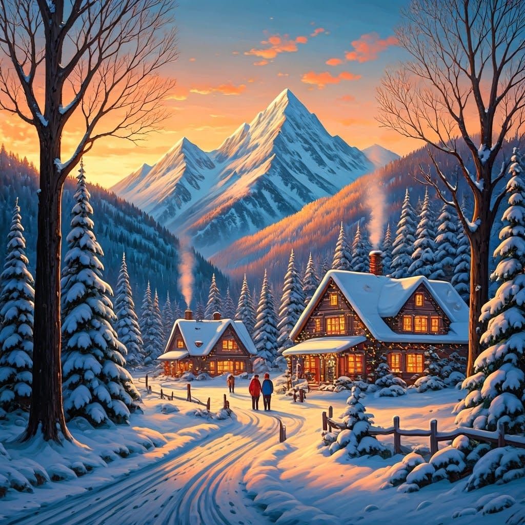 Winter Village Scene in Idyllic Mountain Setting