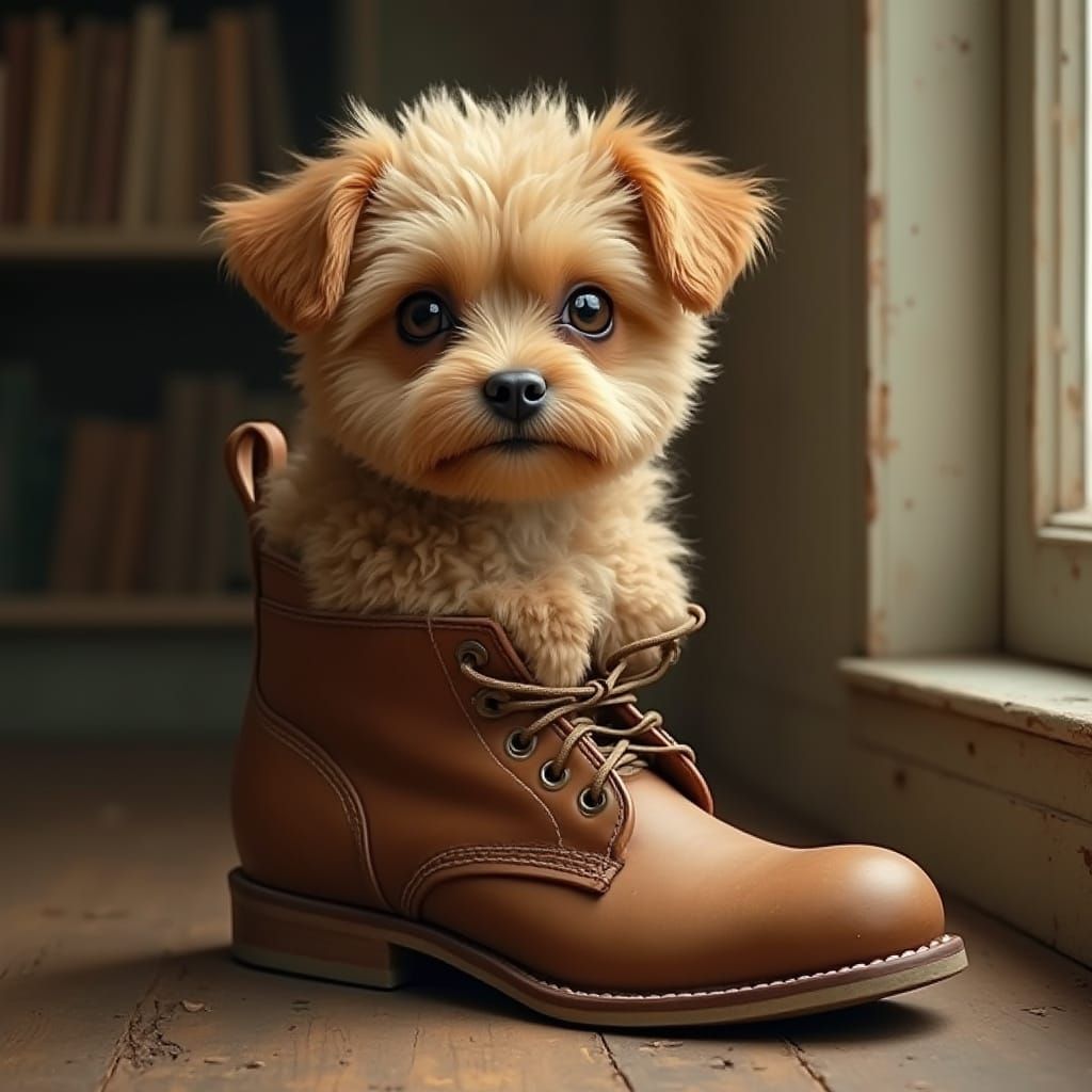 A Small Dog Snuggles in a Vintage Leather Boot