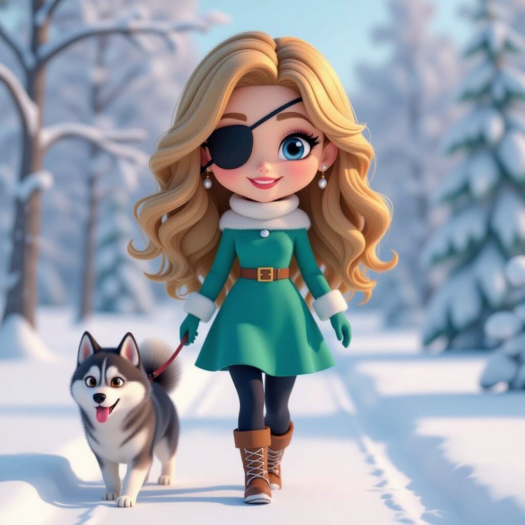 Chibi Woman and Husky in Snowy Lapland, Pixar Style