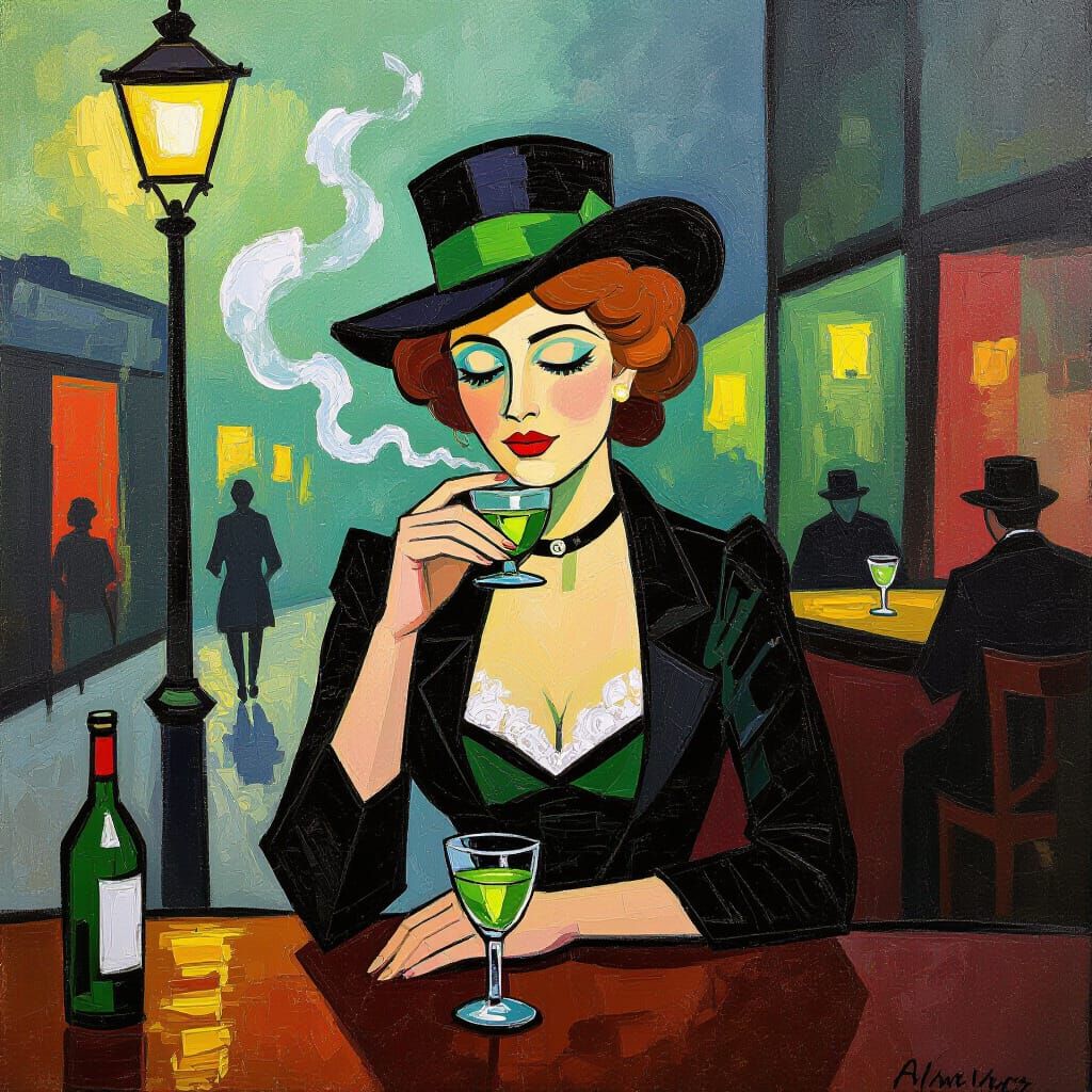 Lady Absinth in Smoky Green Bar, Neo-Impressionist Style