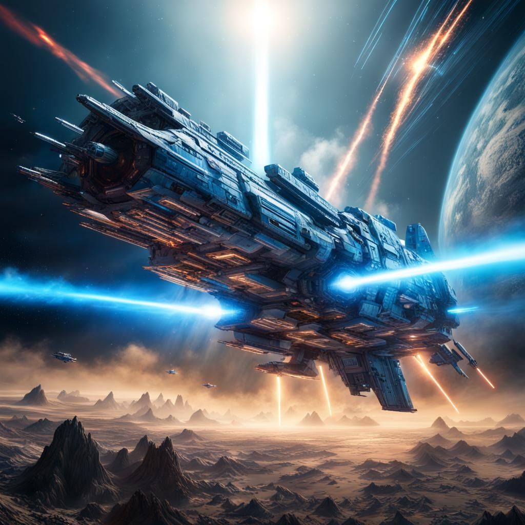 Spaceship shooting blue lasers