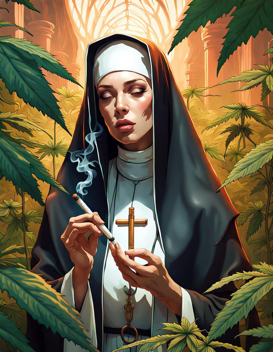Nun Smoking Chillum Pipe in Cannabis Garden