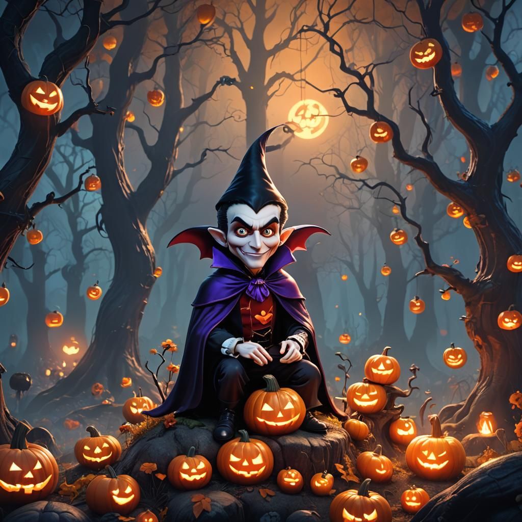 Cute Cartoon Dracula in Spooky Halloween Forest