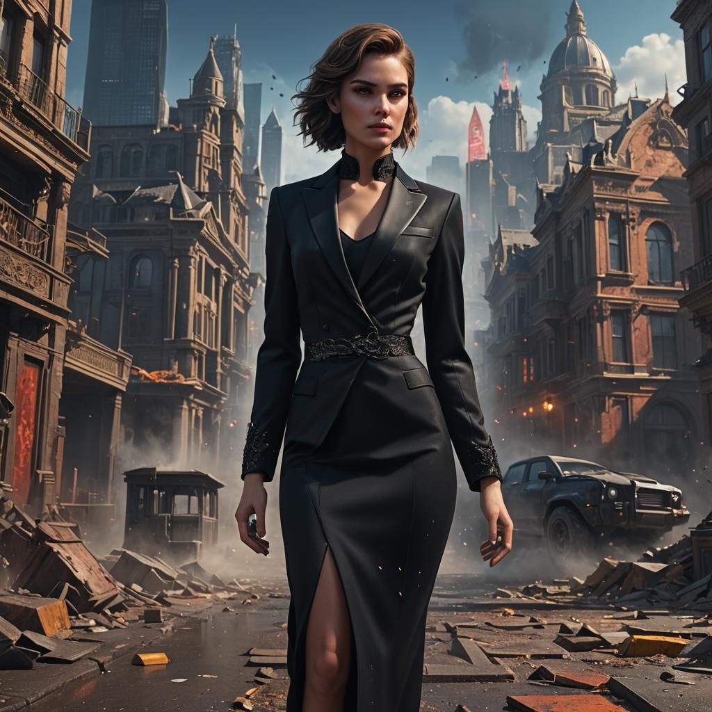 Female Agent in Black Tuxedo, Detailed Digital Art