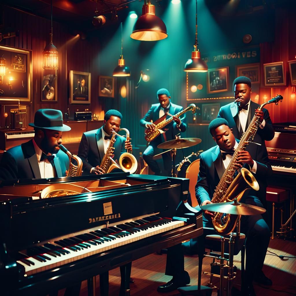 Jazz Musicians in Dimly Lit Club: Digital Painting