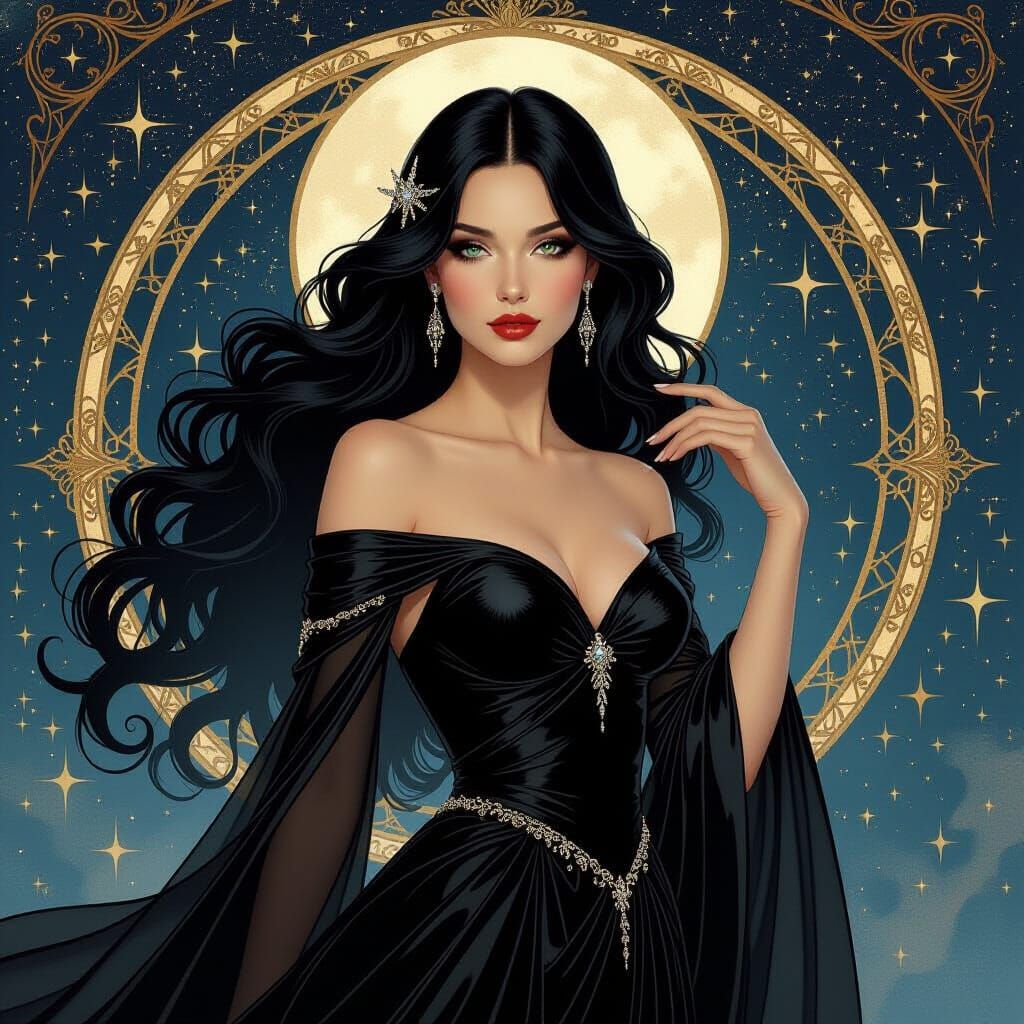 Nyxara: Night Goddess in Art Nouveau Style