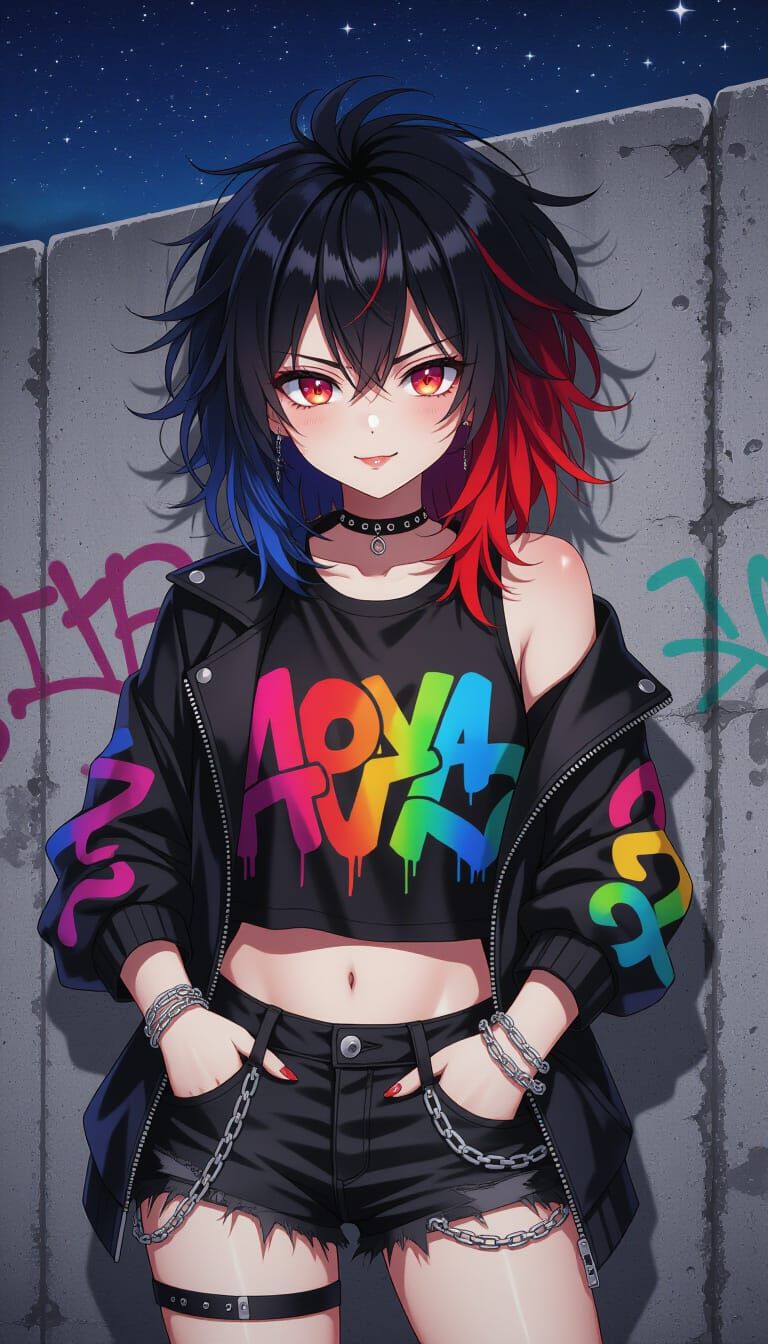 Anime Girl with Graffiti Jacket under Starry Sky