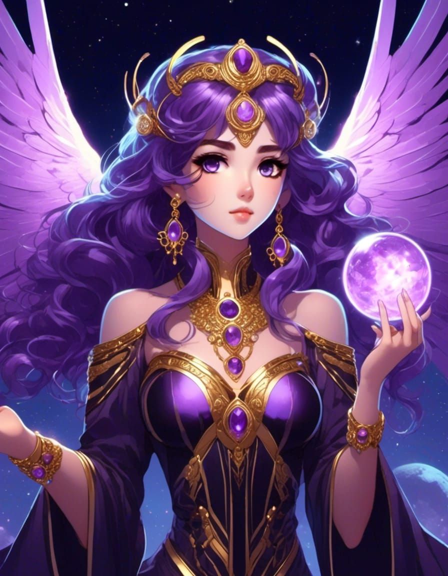 Anime Goddess, flowing Amethyst hair, Amethyst eyes, iridescent Amethyst angel wings, Amethyst, black with gold accented...