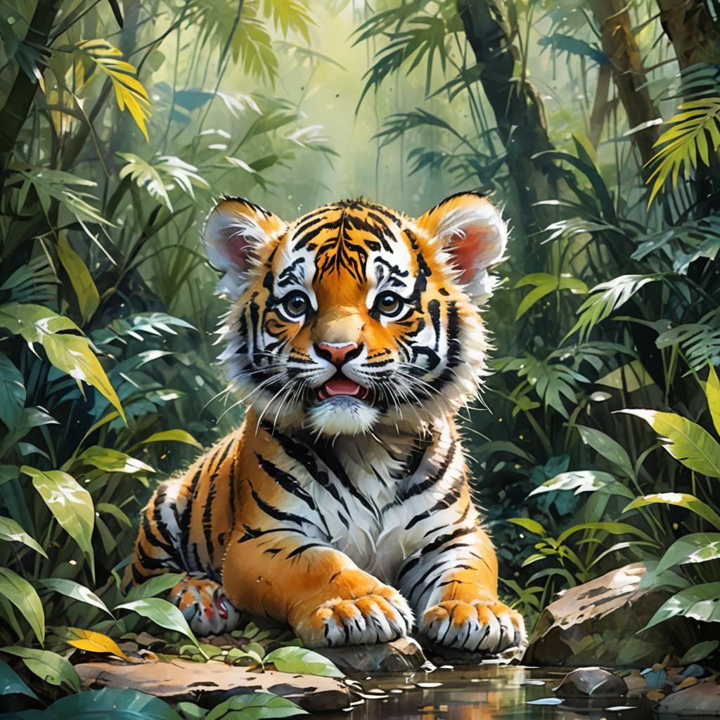 Playful Baby Tiger Cub in Watercolor Jungle