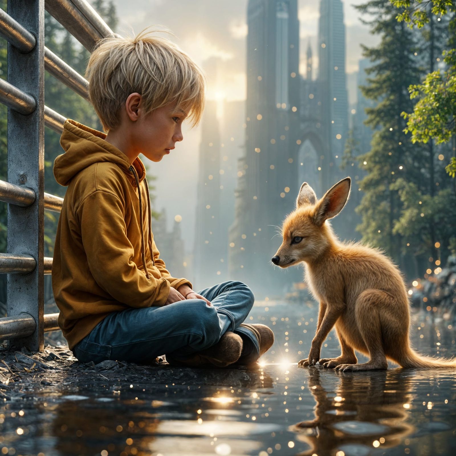 Sad Blond Boy with Alien Friend in Future City