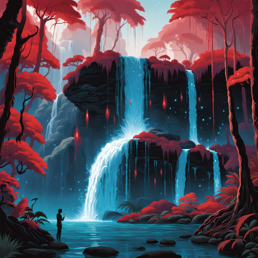 Bioluminescent Jungle Waterfall with Light Cascade