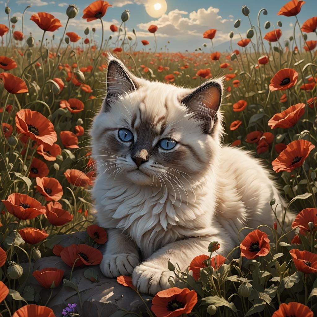 Birman Kitten Dreams in Poppy Field: Art Nouveau Style