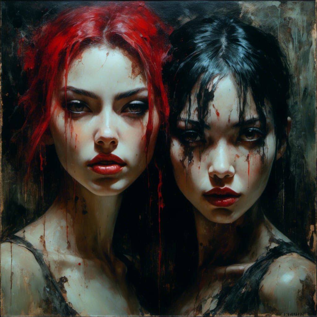 Gothic Portrait of Two Latin Women in Oil Painting