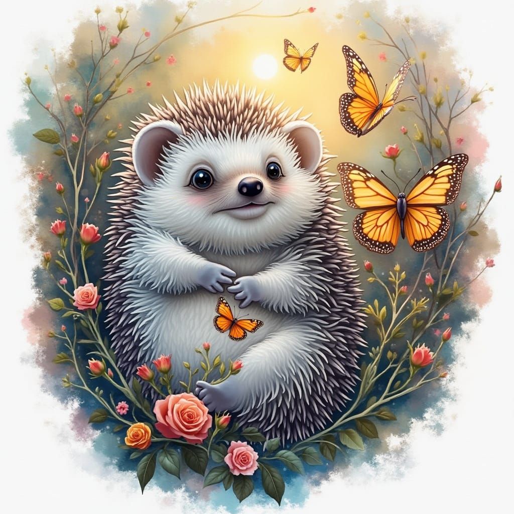 Hedgehog in Cozy Garden with Roses and Butterflies