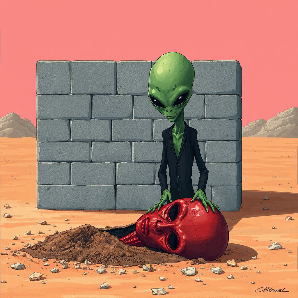 Alien Encounter in Desert Landscape: Hyperrealistic Illustra...