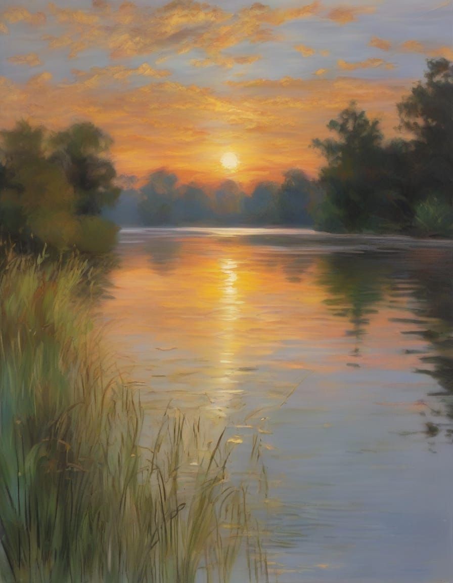 Dreamy Lakeside Scene in Impressionist Style