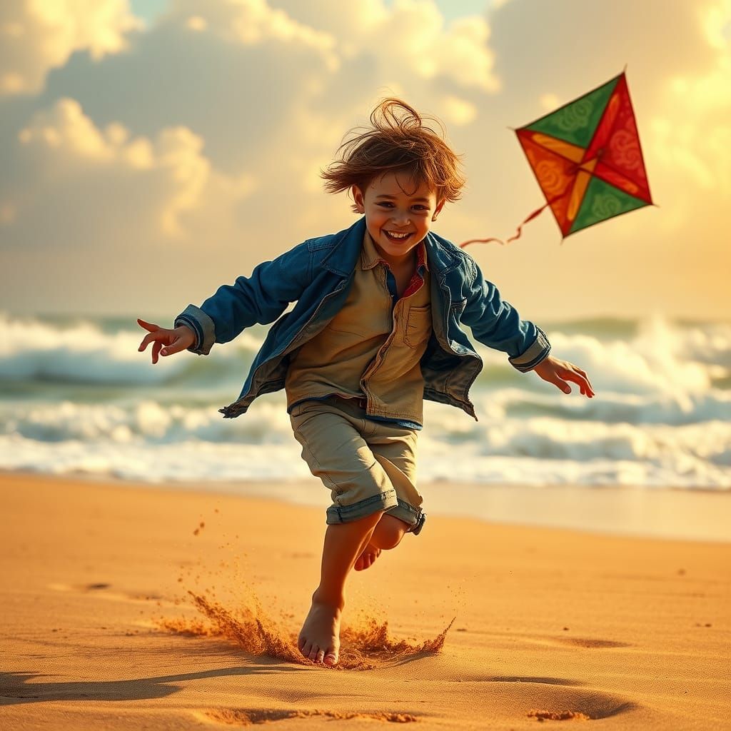 Joyful Boy with Kite on Sunny Beach