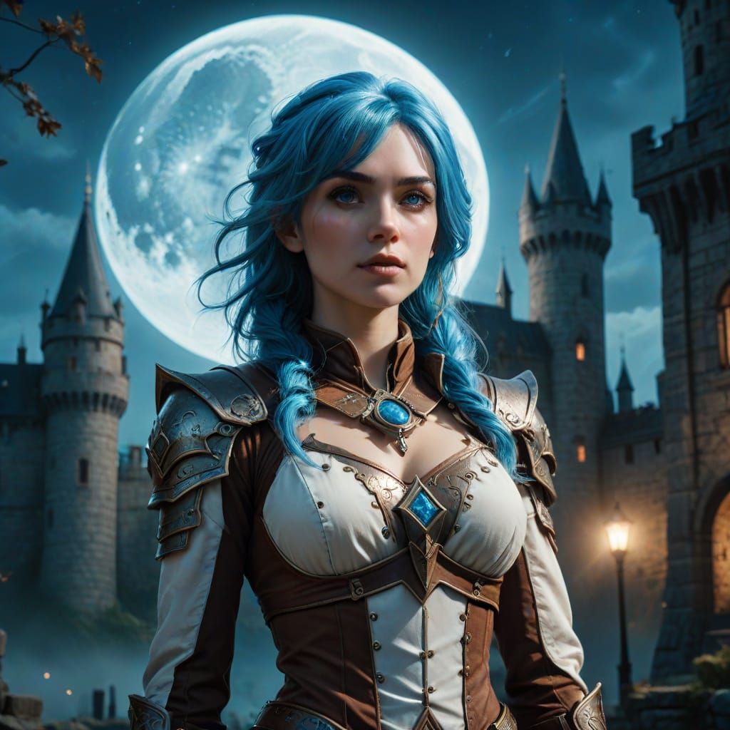 Blue Haired Mage by Moonlight Near Castle in Comic Art Style