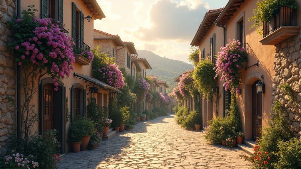 Mediterranean Village Street Scene with Stone Homes and Flow...