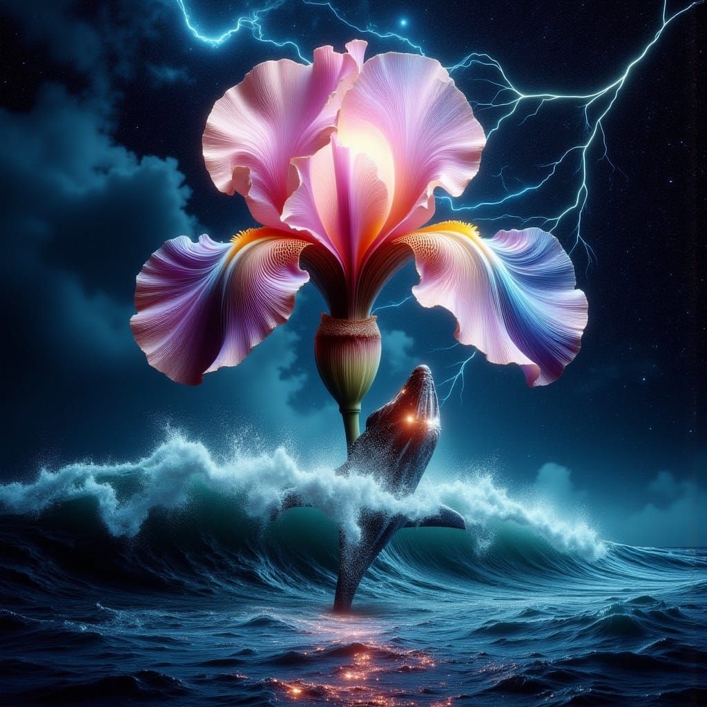 Surreal Double Exposure: Lighthouse, Whale, and Iris