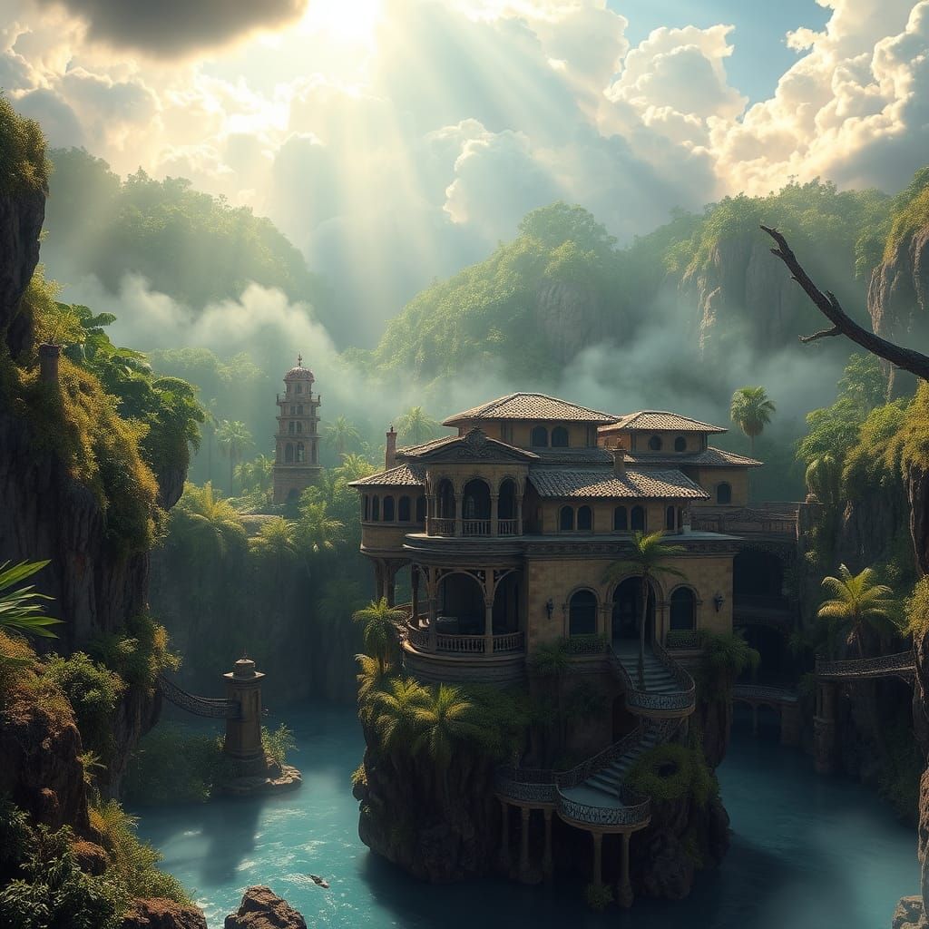 Majestic Pueblo in Cenote: A Digital Painting