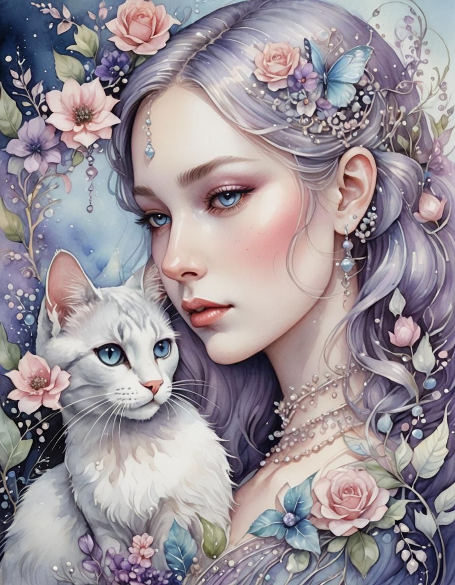 Girl and Cat in Whimsical Watercolor Dreamscape