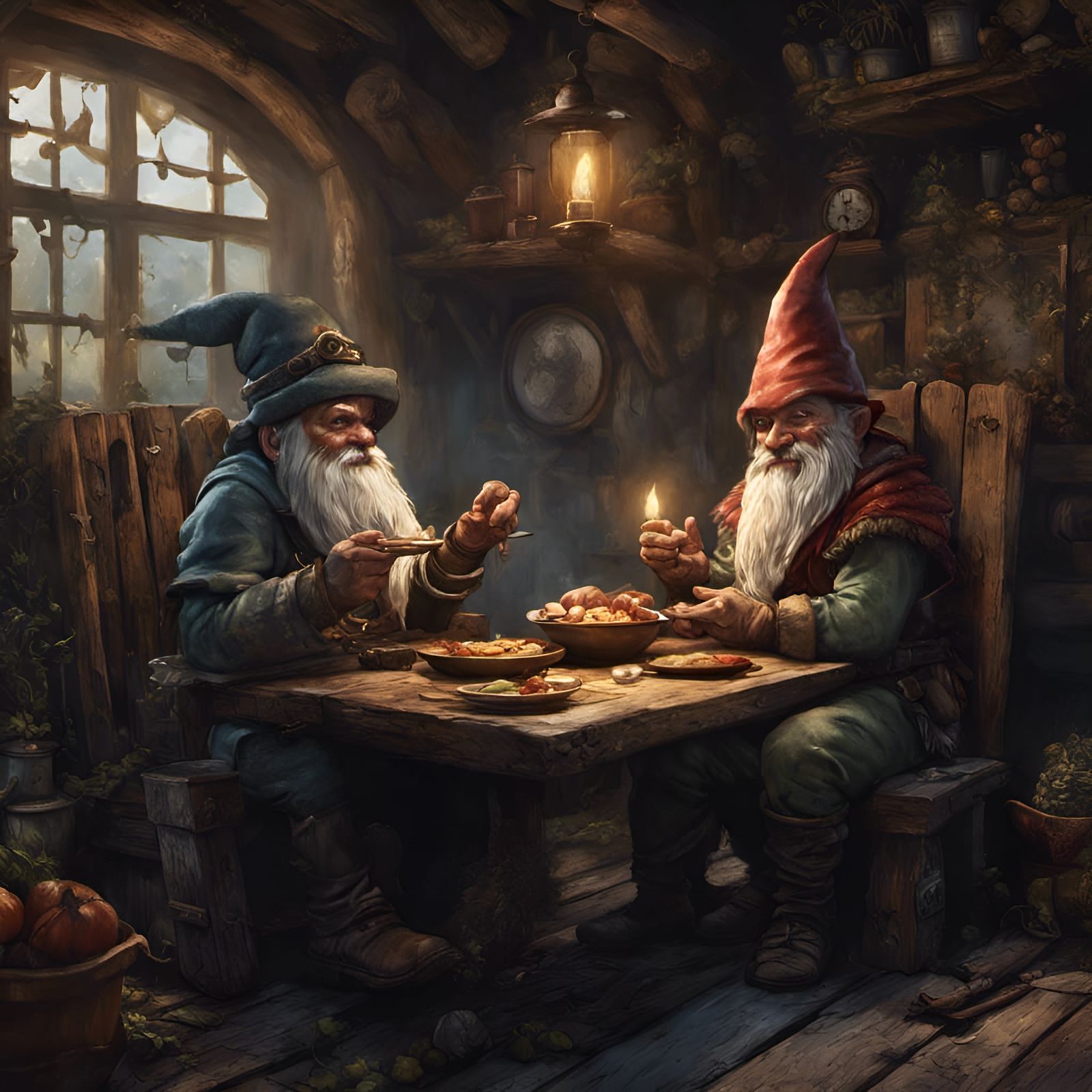 Gnome Couple Dining: Dark Fantasy Concept Art