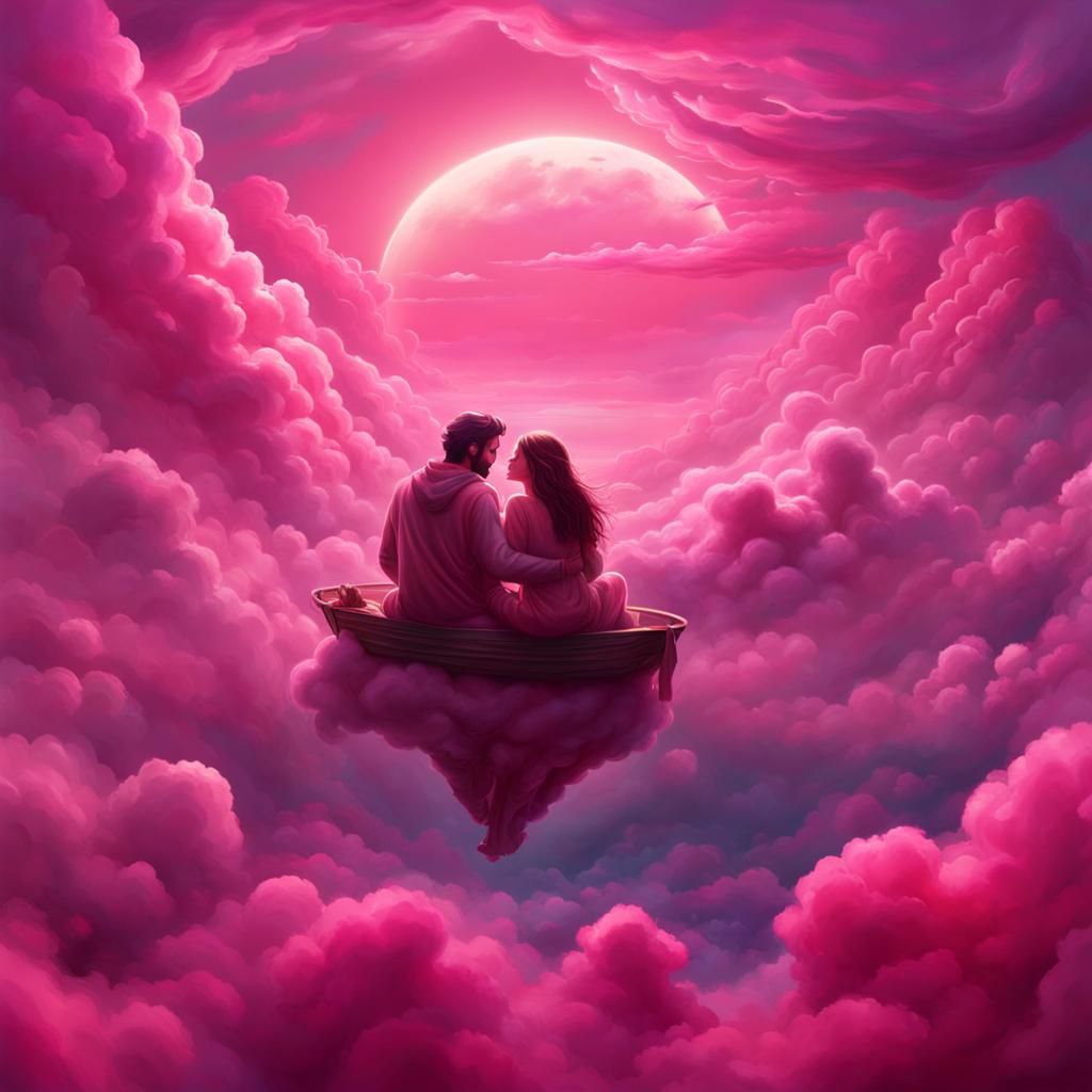 Lovers Embrace in Pink Clouds: Fantasy Concept Art