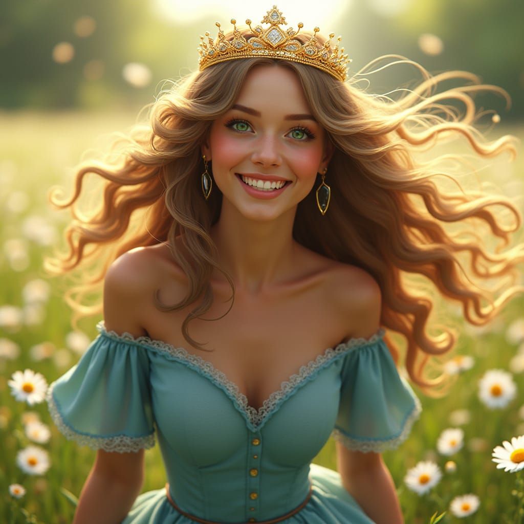 Joyful Queen in a Vibrant Daisy Field