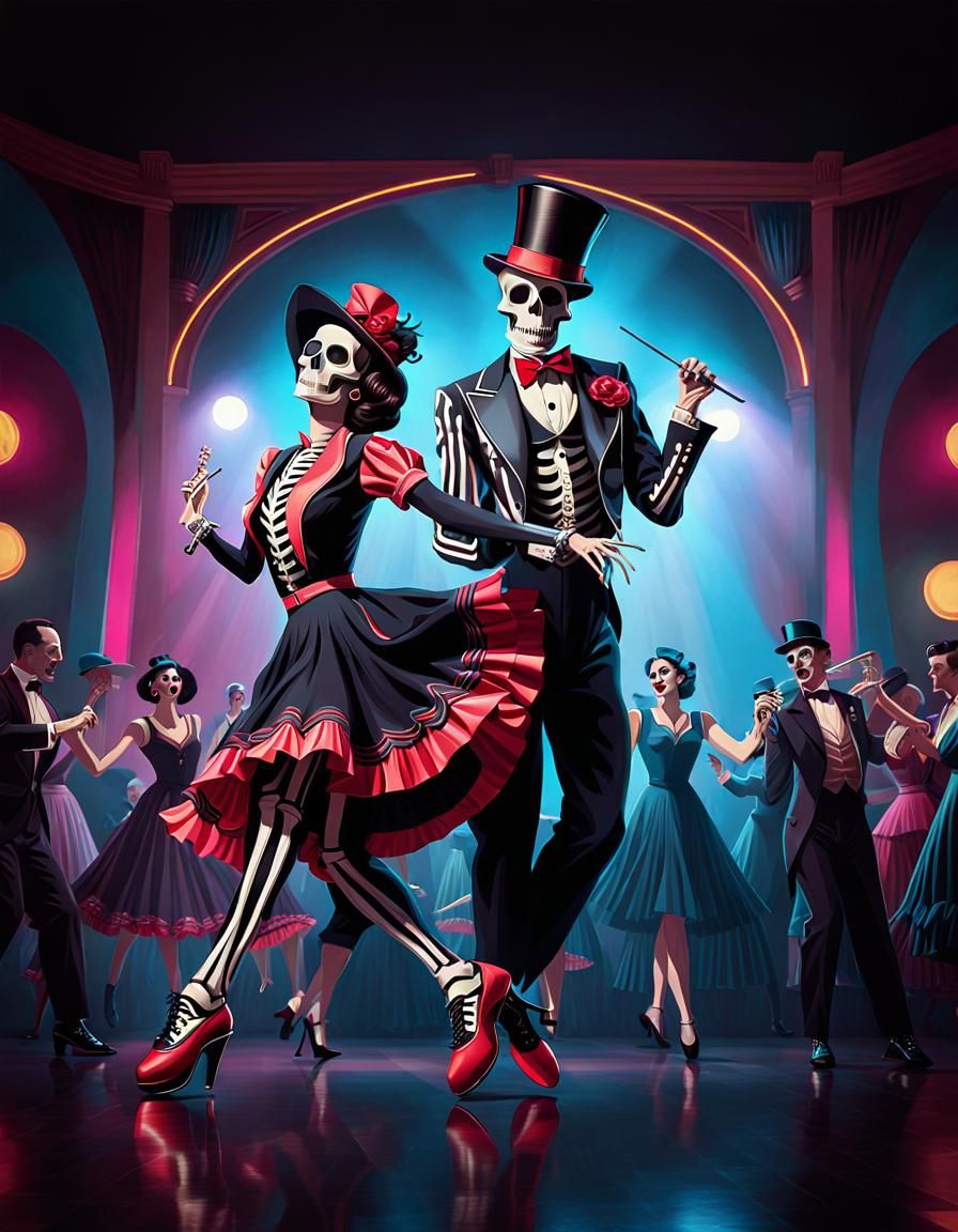 Rockabilly Skeleton Tip Tap Dancing in Ballroom