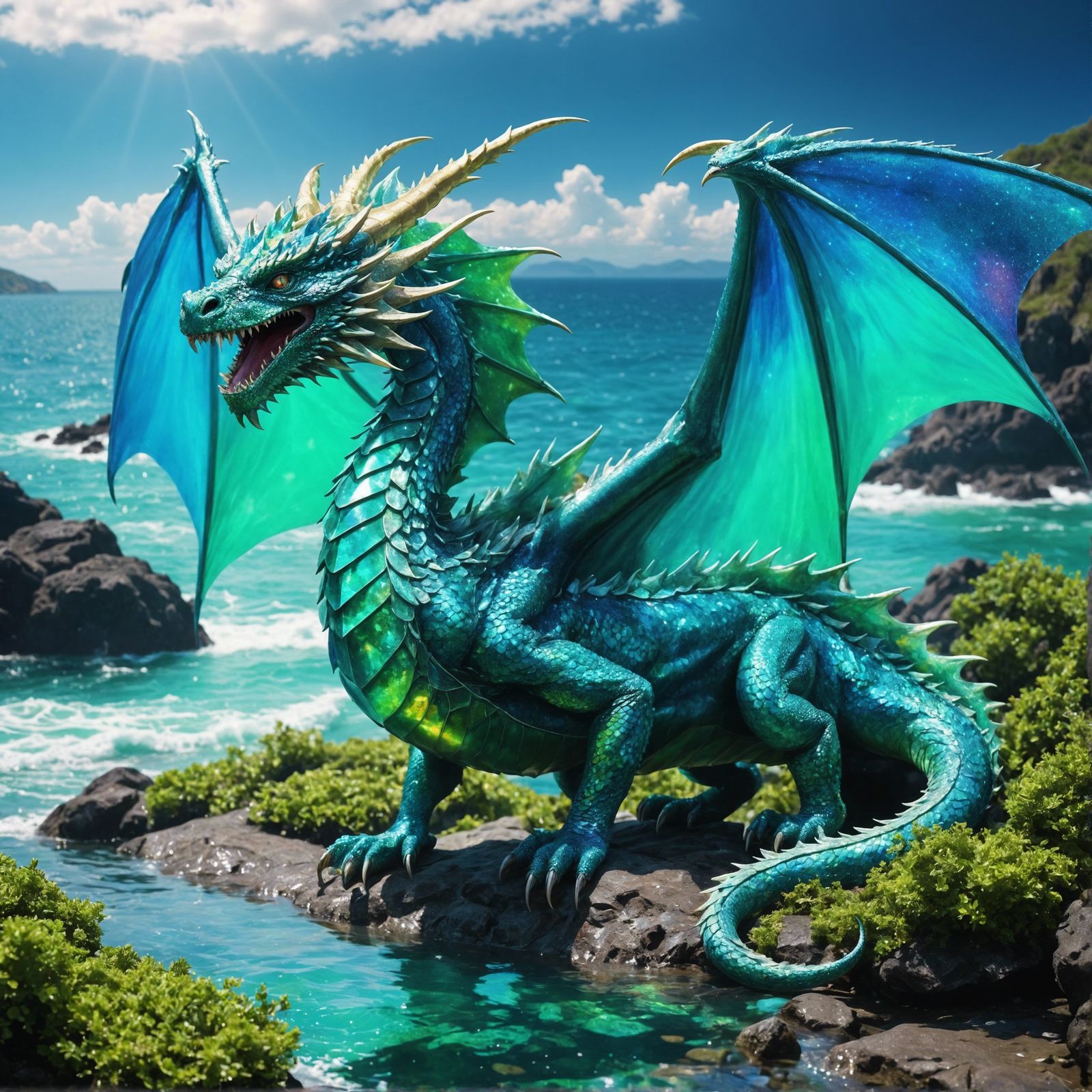 Iridescent Crystal Dragon in Ocean Scene
