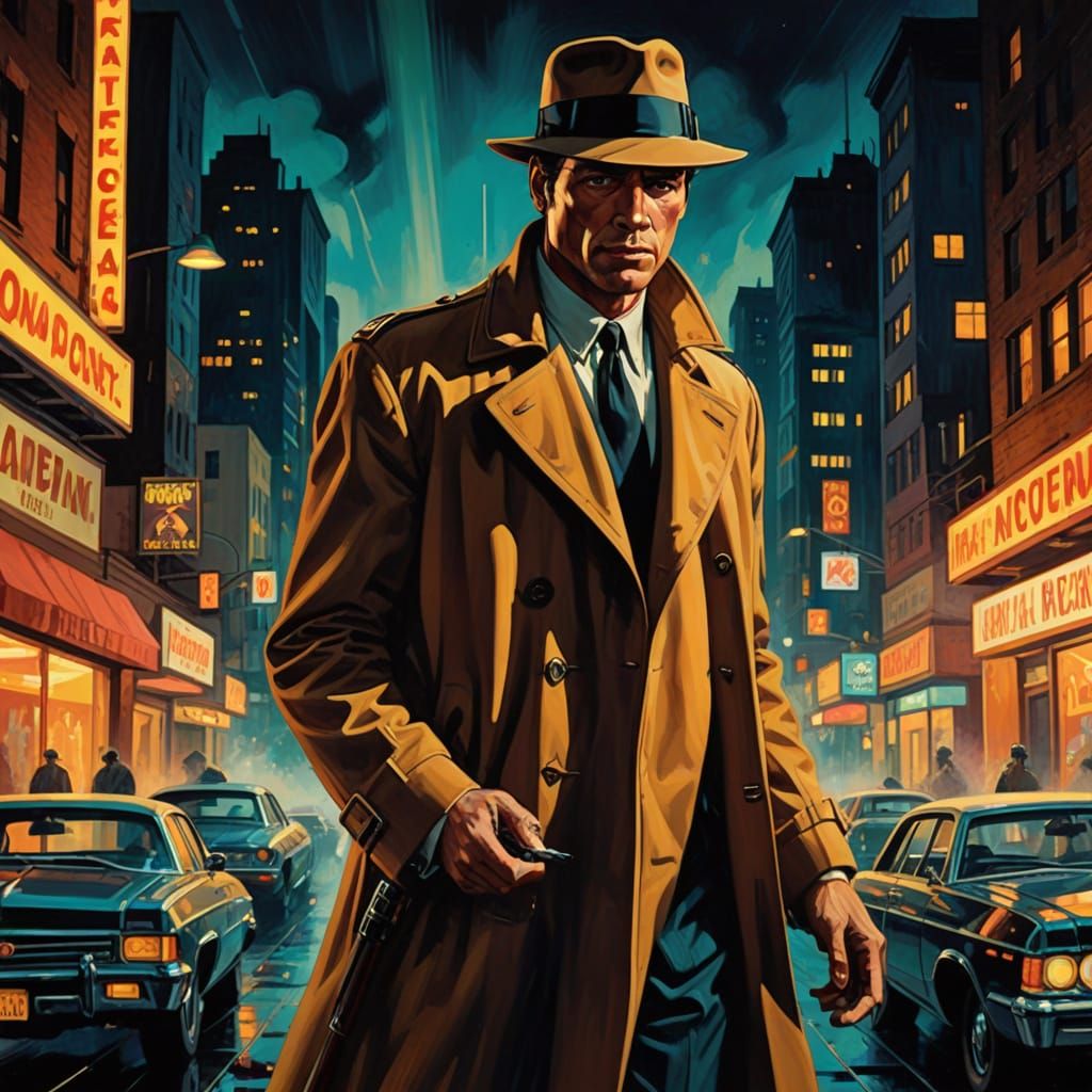 Vintage Sci-Fi Detective in Neon Cityscape