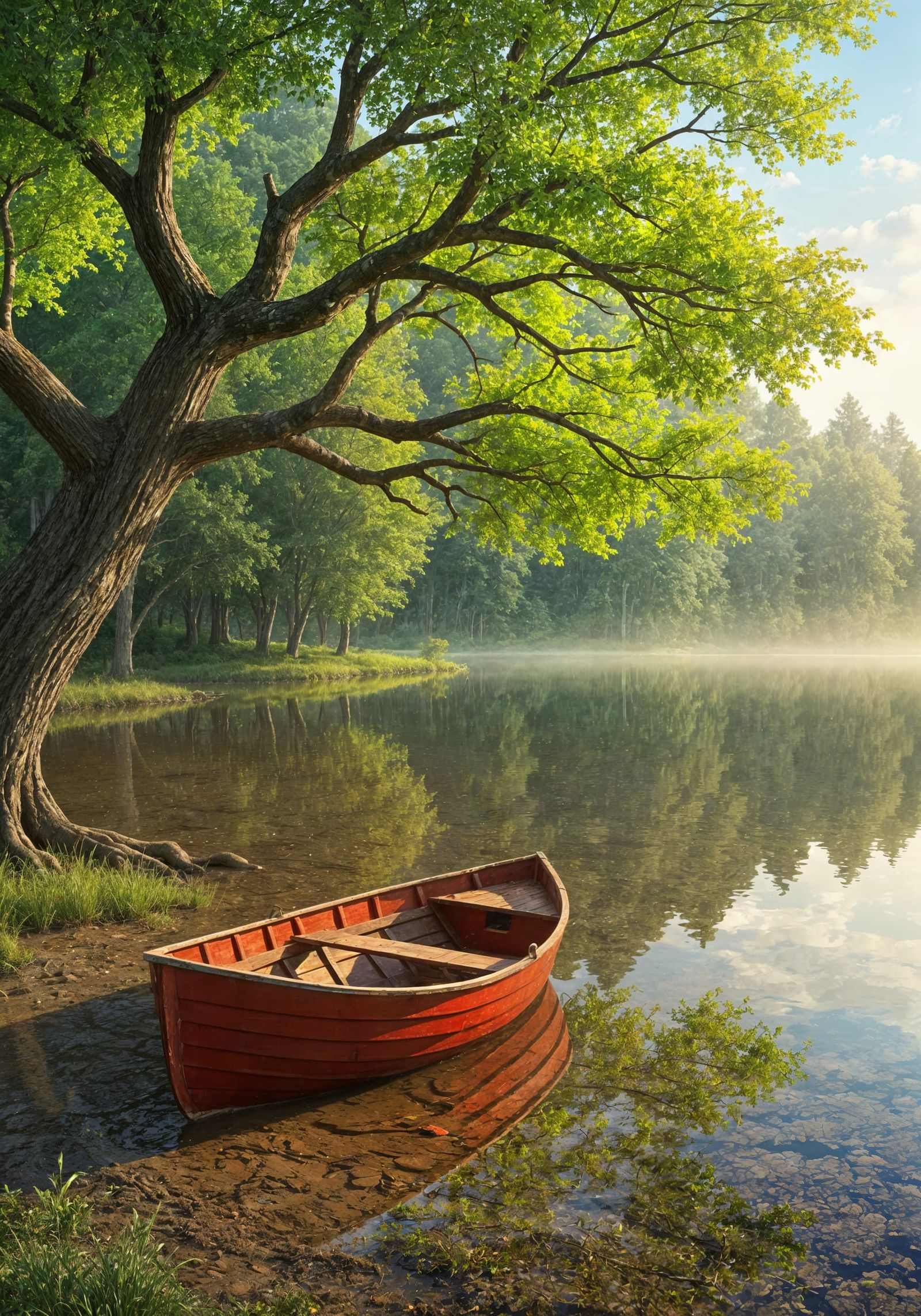 Serene Red Rowboat by Gnarled Tree at Golden Hour