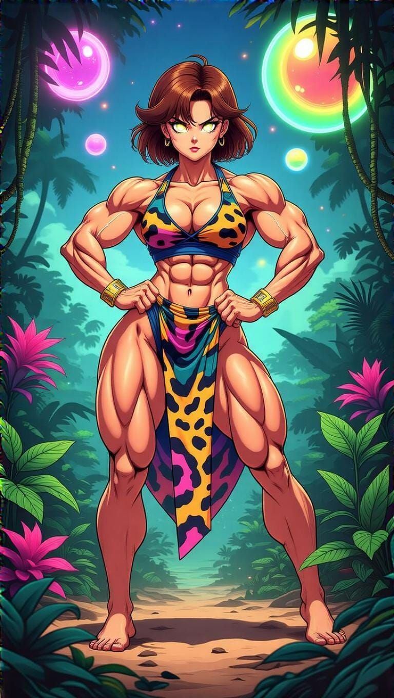 Muscular Anime Goddess in Neon Jungle Paradise