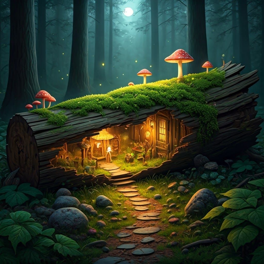 Mystical Forest Village Inside a Log