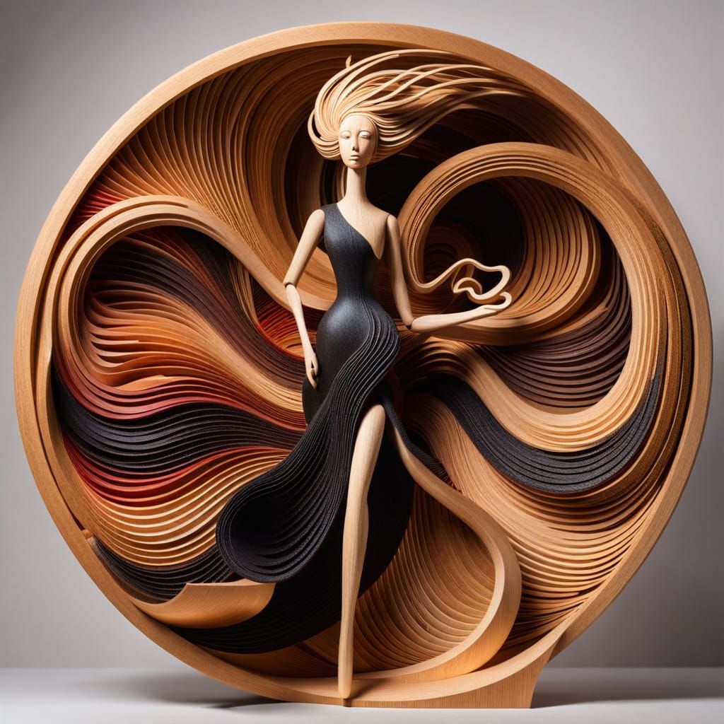 Surreal Wooden Sculpture of a Woman in Whirling Loops