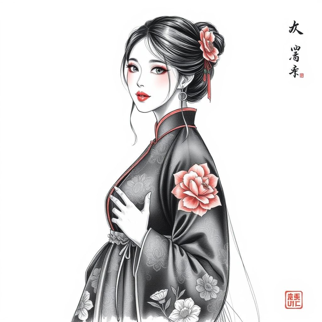 Hanbok Woman: Chinese Manhua Colored Pencil Sketch