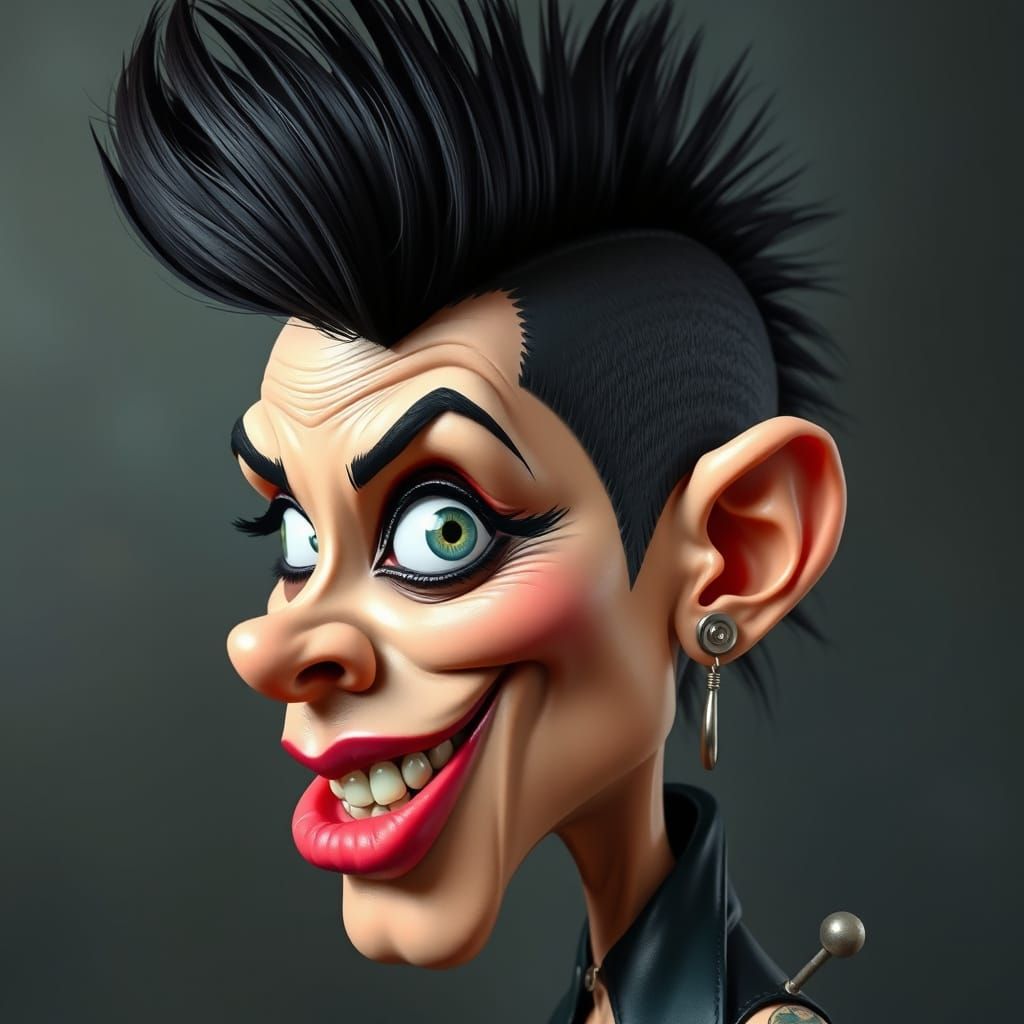 Punk Woman with Mohawk in Exaggerated Caricature Style