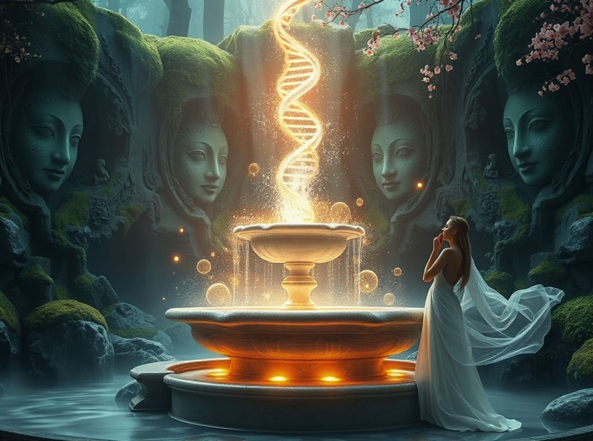 Enchanted Fountain of Youth in Forest, Celestial Light