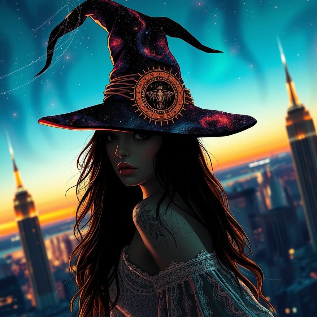 Celestial Witch in Cityscape: Graffiti Fashion Art