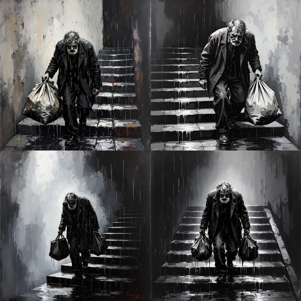 Bedraggled Old Man Descends Rainy Steps in Monochrome