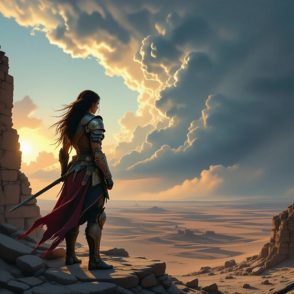 Warrior Overlooking Dystopian Wasteland