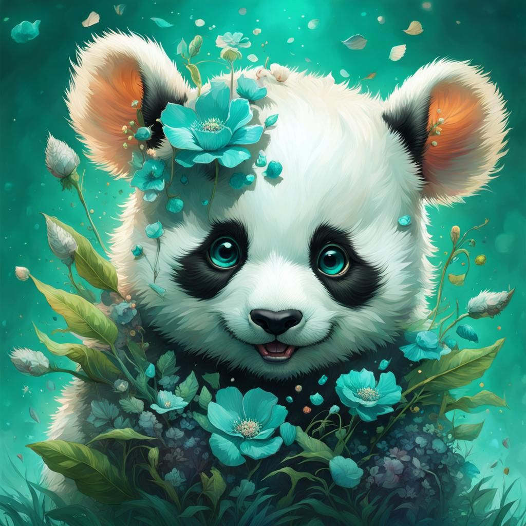 Cute Baby Panda with Flower Petals in Digital Art