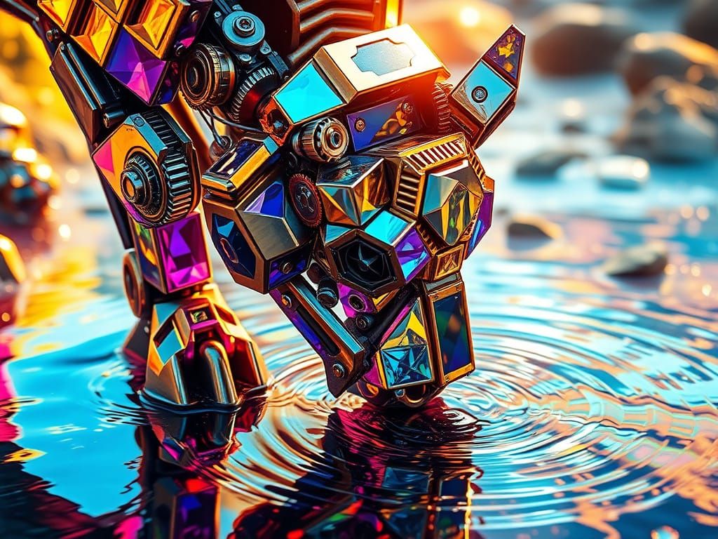Mechanical Beast Drinks from Prismatic River in Vibrant Oil ...