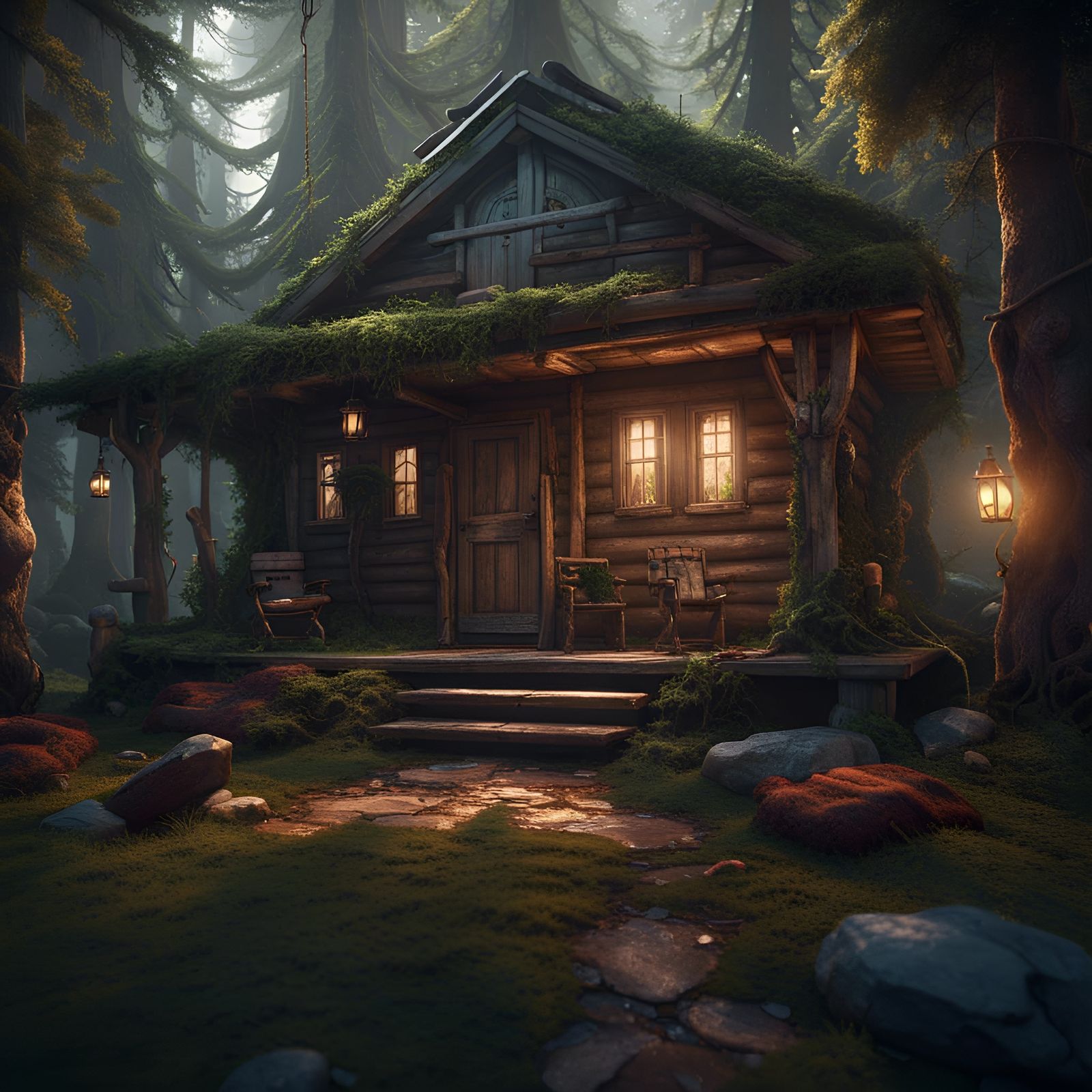 Log Cabin Living Room in Forest Clearing