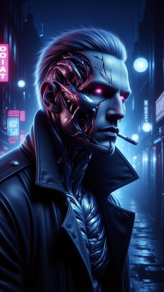 Cybernetic Man Portrait in Neon Cityscape