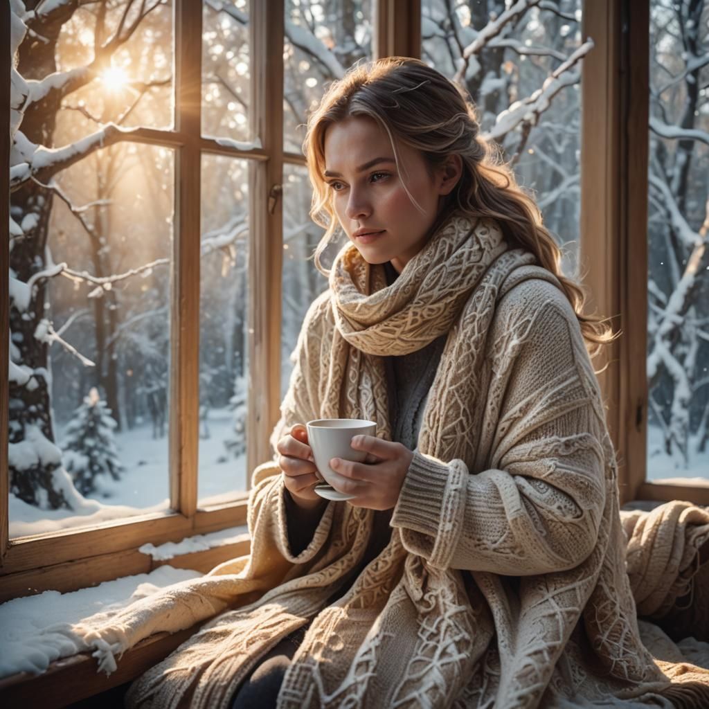 Cozy Winter Morning: Girl with Tea by Window